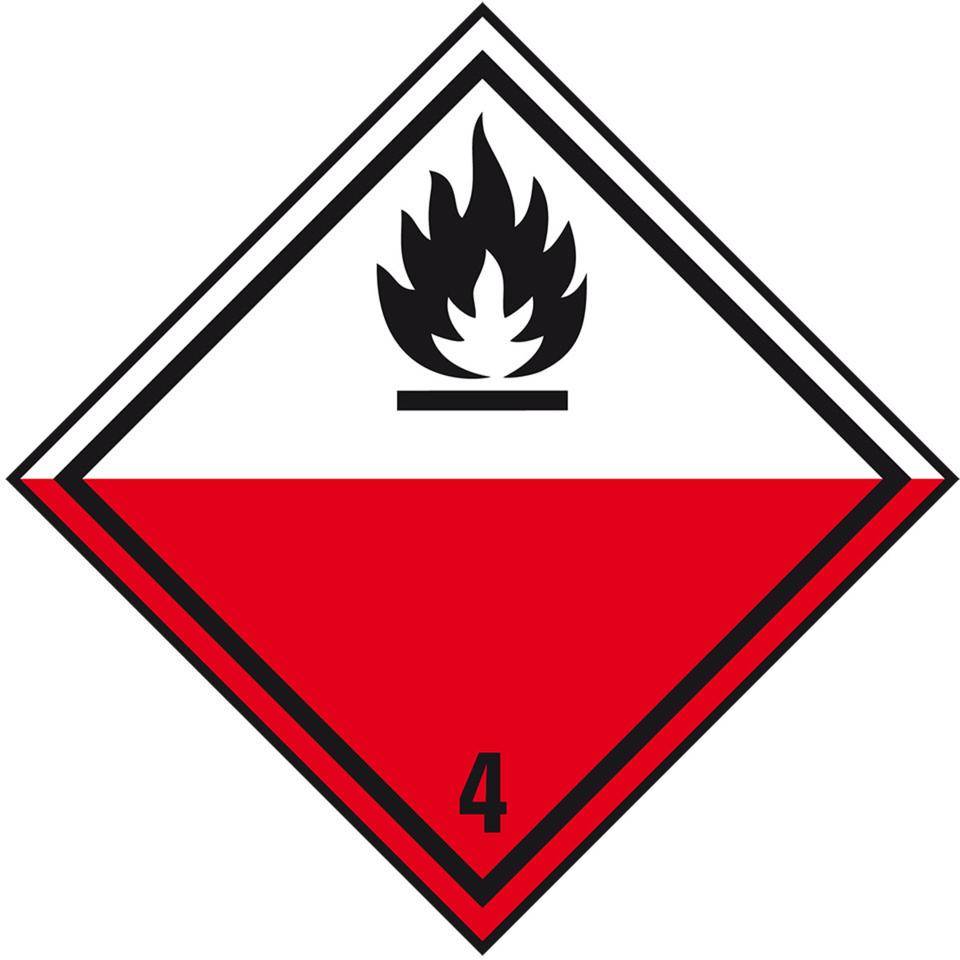Verpackungskennzeichen Kl.4.2 Selbstentz.St., 100x100mm, Folie, seewasserbeständig, 500/Rolle, IMDG-Code, GGVSEB, ADR
