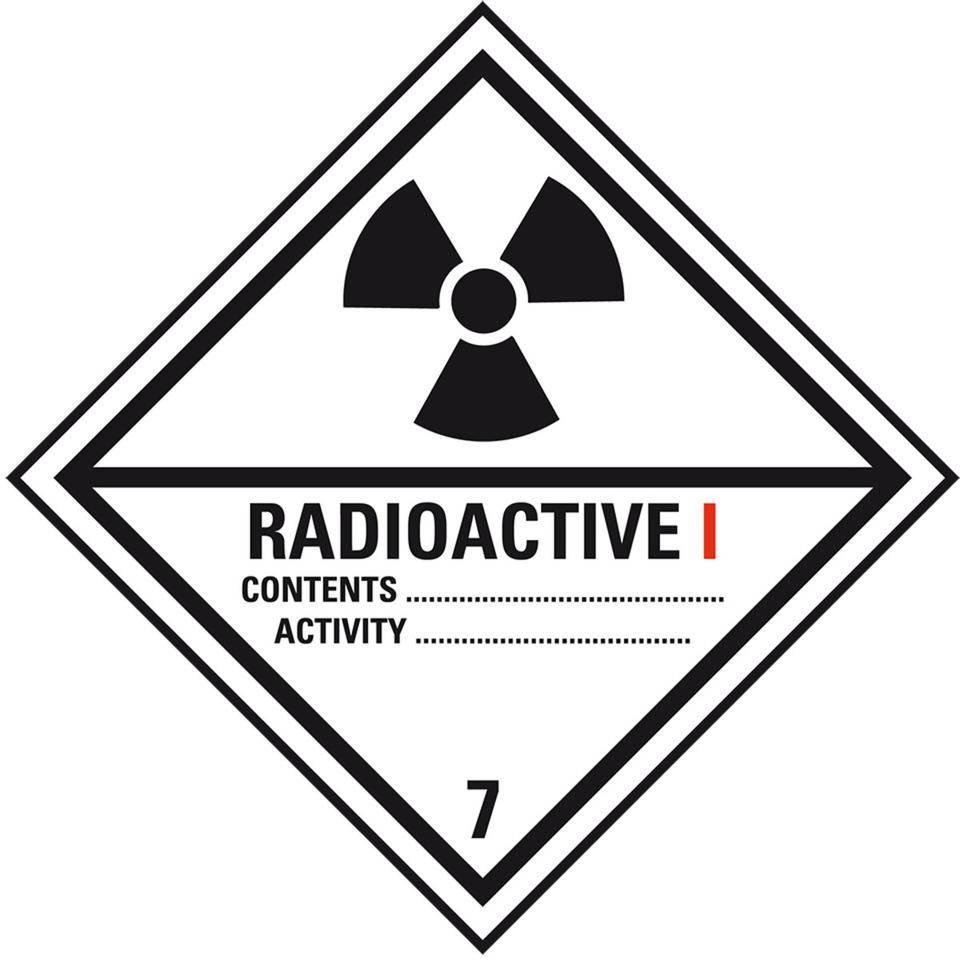 Verpackungskennzeichen Klasse 7A Radioactive I, Folie, seewasserbeständig, 100x100mm, IMDG-Code, GGVSEB, ADR, IATA
