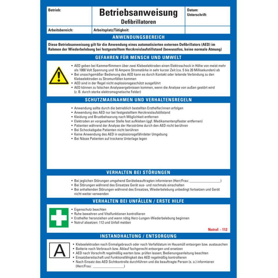 Maschinenbetriebsanweisung Defibrillatoren, Kunststoff, 210x297mm, ASR A1.3, DIN EN ISO 7010