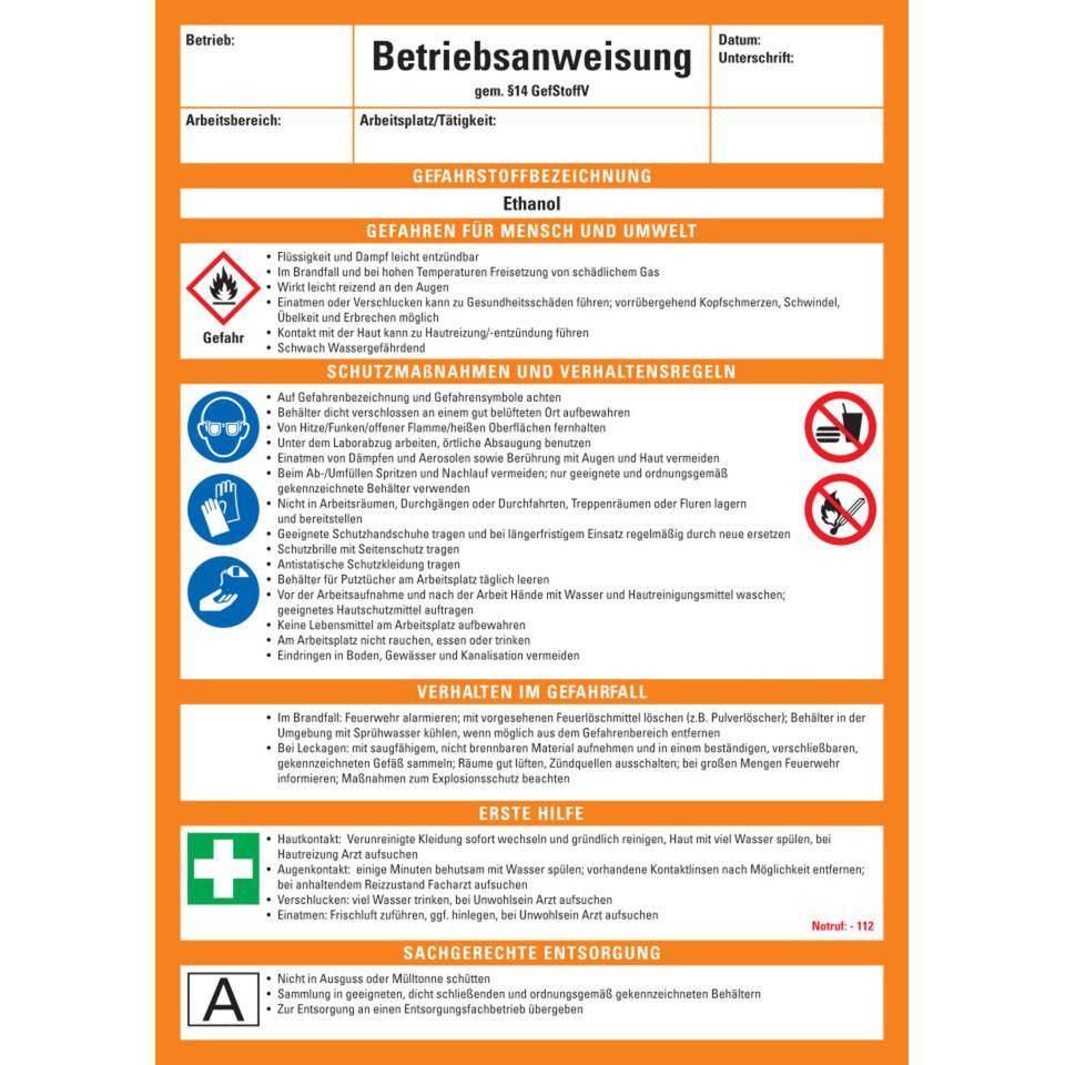 Betriebsanweisung Ethanol, CLP/GHS, Kunststoff, 210x297mm, ASR A1.3, DIN EN ISO 7010