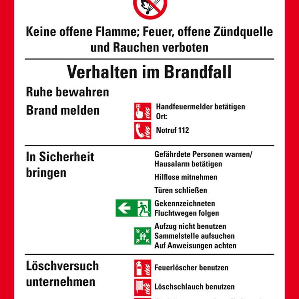 Aushang Brände verhüten, DIN 14096, bauliche Anlagen, Folie, selbstklebend, 210x297mm, ASR A1.3, DIN EN ISO 7010