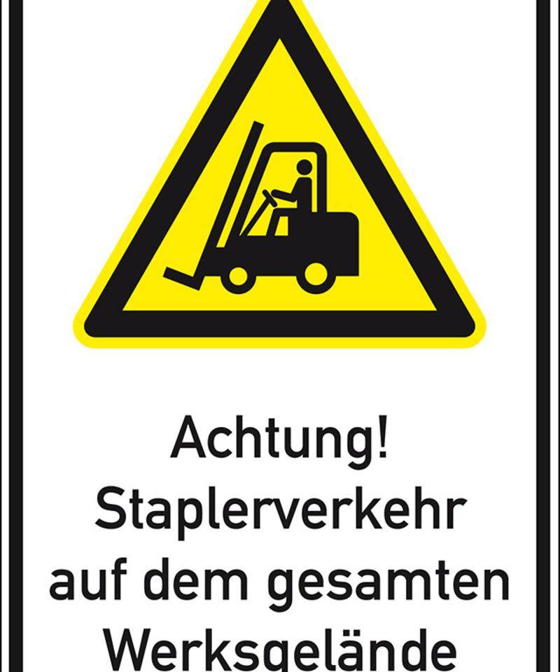 Warn-Kombischild Staplerverkehr auf dem Werksgelände, Aluminium RA0, 600x900mm, DIN EN ISO 7010, nach StVO W014