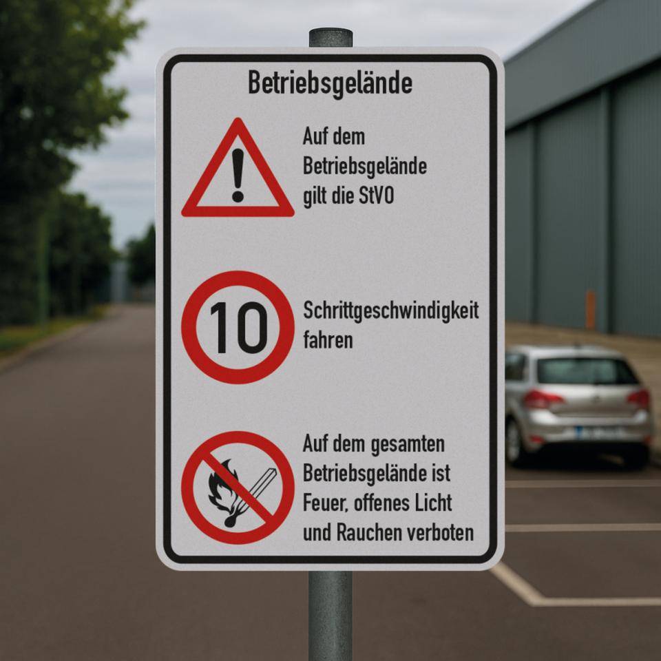 Kombischild Betriebsgelände, StVO und 10 km/h + Feuer..., Aluminium RA0, reflektierend, 600x900mm, DIN 67520, nach StVO