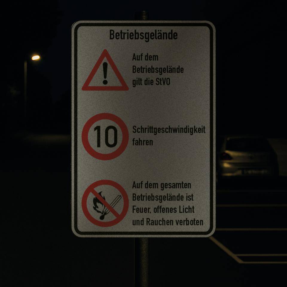 Kombischild Betriebsgelände, StVO und 10 km/h + Feuer..., Aluminium RA0, reflektierend, 600x900mm, DIN 67520, nach StVO