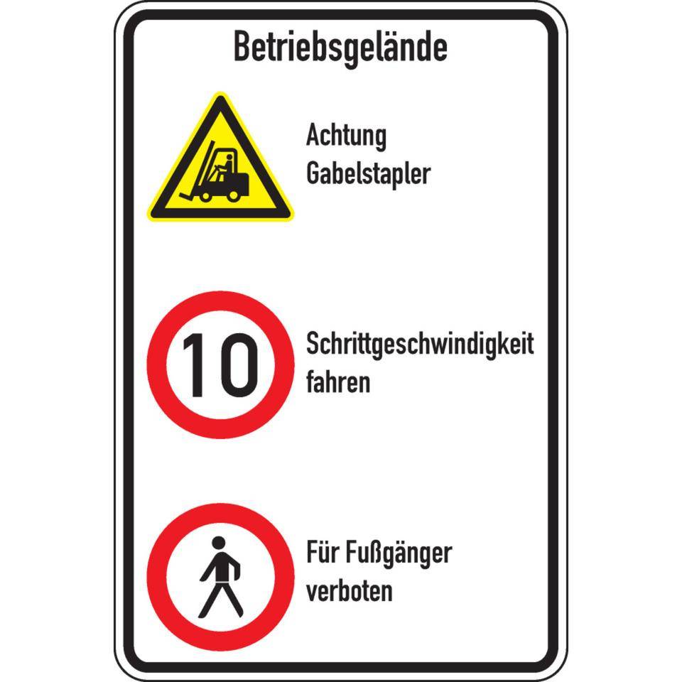 Kombischild Betriebsgelände, Stapler und 10km/h und Fußgänger, Aluminium RAO, 600x900mm, DIN EN ISO 7010, nach StVO W014