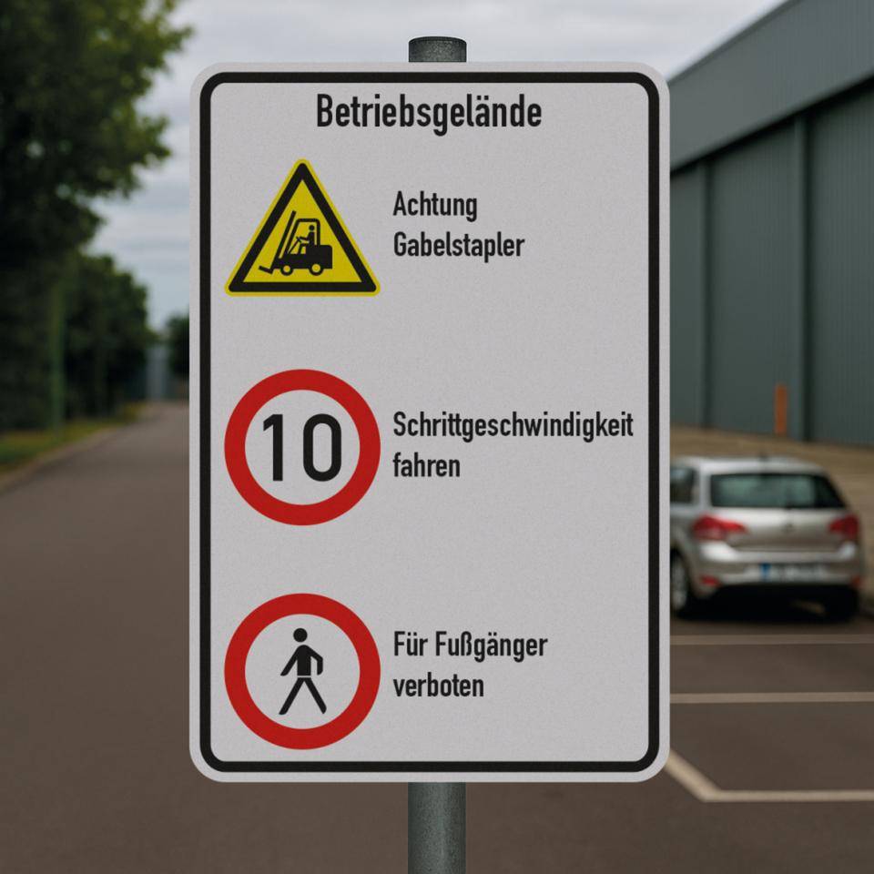 Kombischild Betriebsgelände, Stapler und 10km/h und Fußgänger, Aluminium RAO, 600x900mm, DIN EN ISO 7010, nach StVO W014