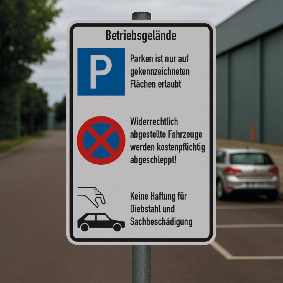 Kombischild Betriebsgelände, Parken, Parkverbot und Diebstahl, Aluminium RA0, 600x900mm, DIN 67520, nach StVO