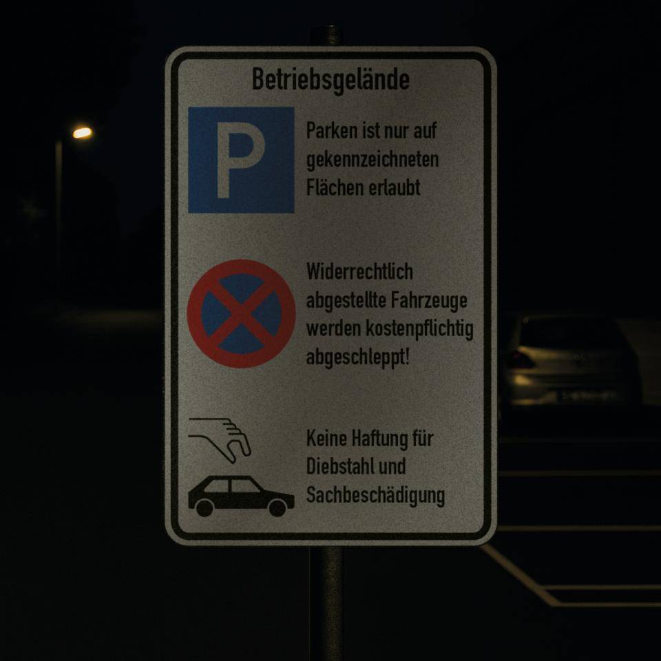 Kombischild Betriebsgelände, Parken, Parkverbot und Diebstahl, Aluminium RA0, 600x900mm, DIN 67520, nach StVO
