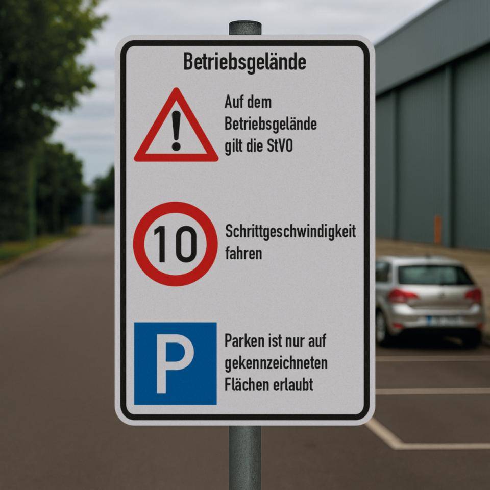 Kombischild Betriebsgelände, STVO und 10 km/h + Parken, Aluminium RA0, reflektierend, 600x900mm, nach StVO