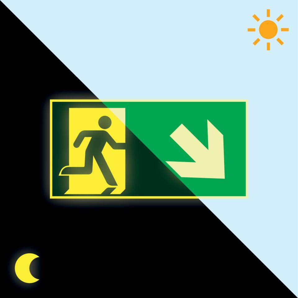 PERMALIGHT® power langnachleuchtend Rettungszeichen Rettungsweg rechts abwärts, Aluminium, 300x150mm, ASR, DIN EN ISO 7010/E002