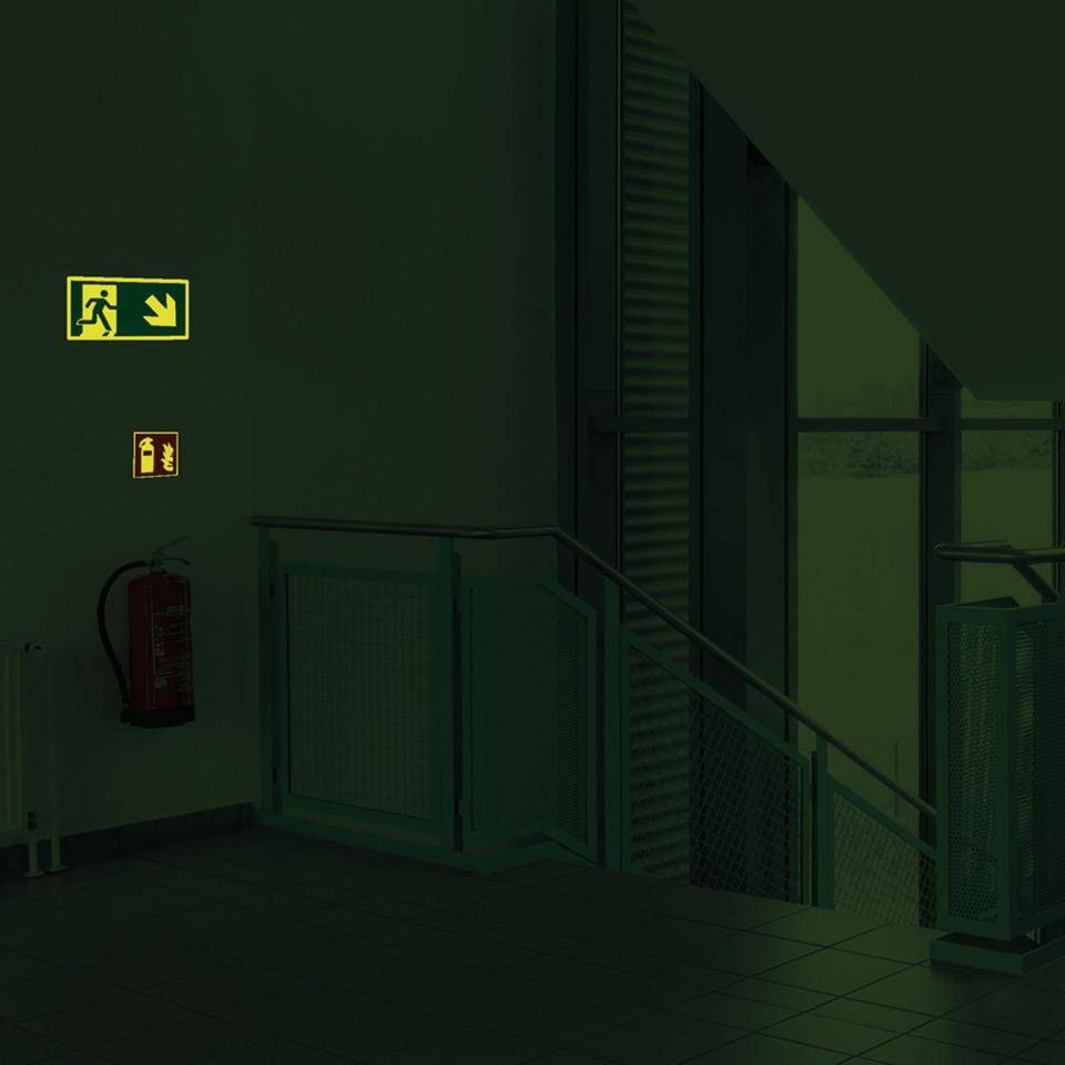 PERMALIGHT® power langnachleuchtend Rettungszeichen Rettungsweg rechts abwärts, Aluminium, 300x150mm, ASR, DIN EN ISO 7010/E002