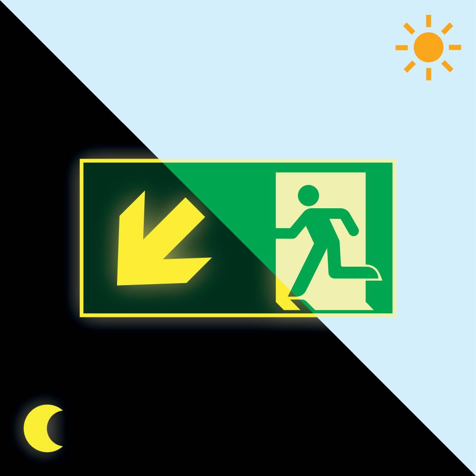 PERMALIGHT® power langnachleuchtend Rettungszeichen Rettungsweg links abwärts, ASR/ISO, Kunststoff, 300x150mm