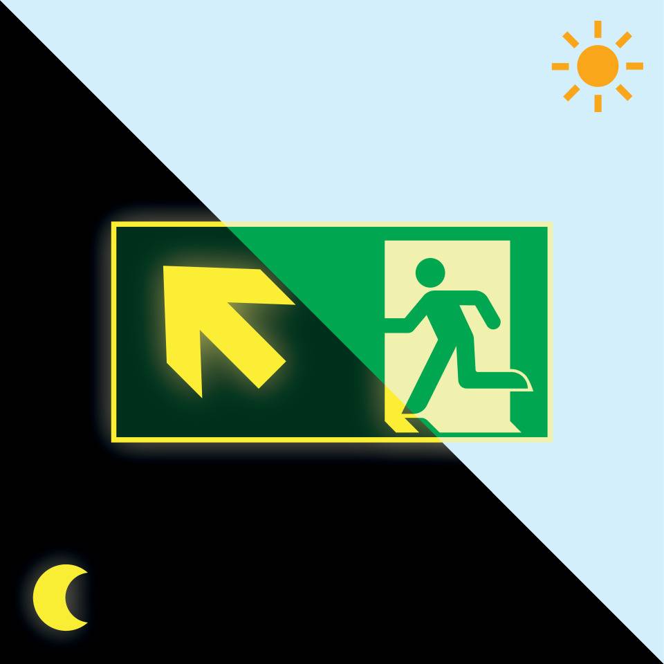 PERMALIGHT® power langnachleuchtend Rettungszeichen Rettungsweg links aufwärts, ASR/ISO, Kunststoff, 300x150mm