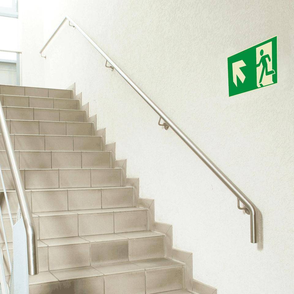 PERMALIGHT® power langnachleuchtend Rettungszeichen Rettungsweg links aufwärts, Aluminium, 300x150mm, ASR, DIN EN ISO 7010/E001