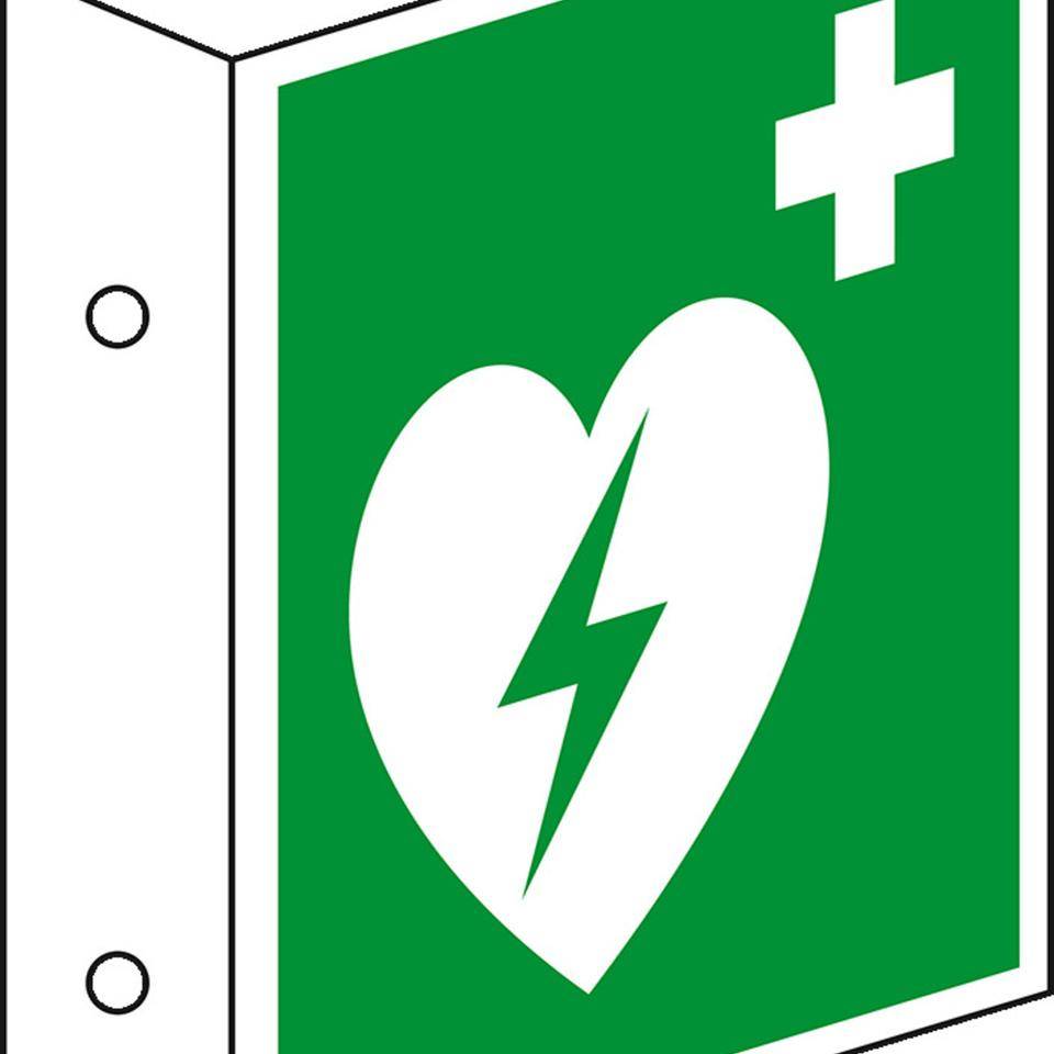 Fahnenschild Automatisierter Externer Defibrillator (AED), doppelseitig, Kunststoff, 200x200mm, ASR A1.3, ISO 7010 E010