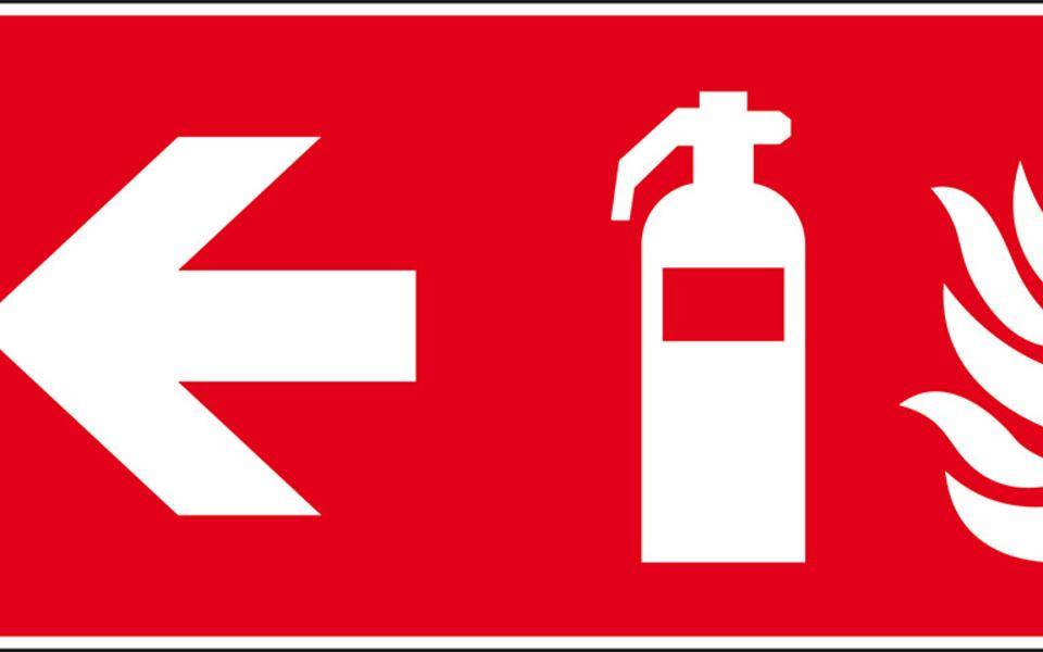 Brandschutzzeichen Feuerlöscher links, Kunststoff, 300x150mm, ASR A1.3, DIN EN ISO 7010 F001