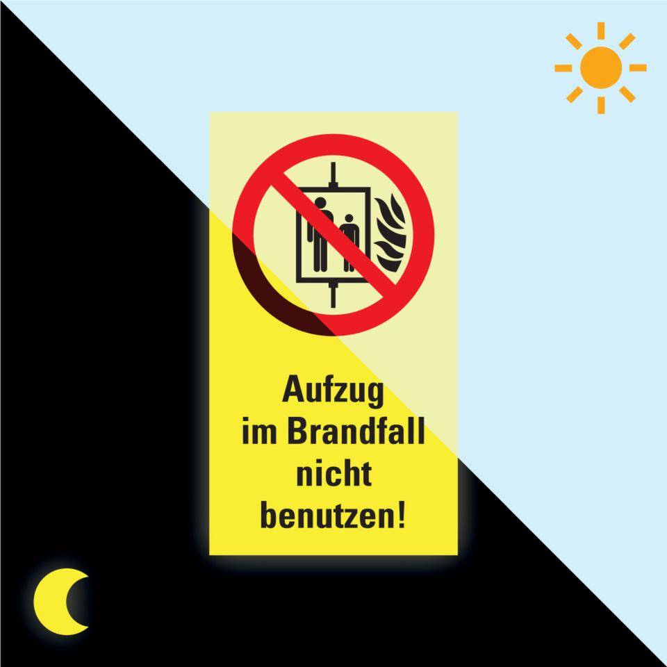 PERMALIGHT® power langnachleuchtend Verbots-Kombischild Aufzug im Brandfall, Aluminium, 140x250mm, ASR A1.3, ISO 7010 P020