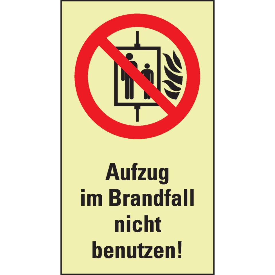 PERMALIGHT® power langnachleuchtend Verbots-Kombischild Aufzug im Brandfall, Aluminium, 140x250mm, ASR A1.3, ISO 7010 P020