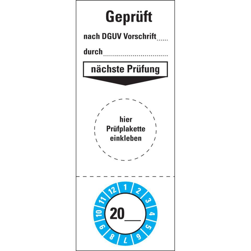 Grundetikett Geprüft, nach DGUV Vorschrift.., inkl. Prüfplakette, 40x100mm, 5/Bogen, DGUV