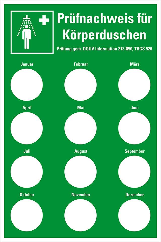 Prüfnachw.f. Körperduschen DGUV Inf. 213-850, Prüfplakette Ø20mm, Kunststoff, 100x150mm, DGUV