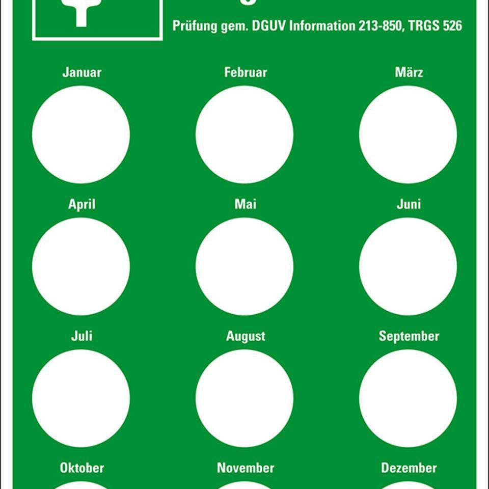 Prüfnachw.für Augenduschen DGUV Inf. 213-850, Prüfplakette Ø20mm, Kunststoff, 100x150mm, DGUV