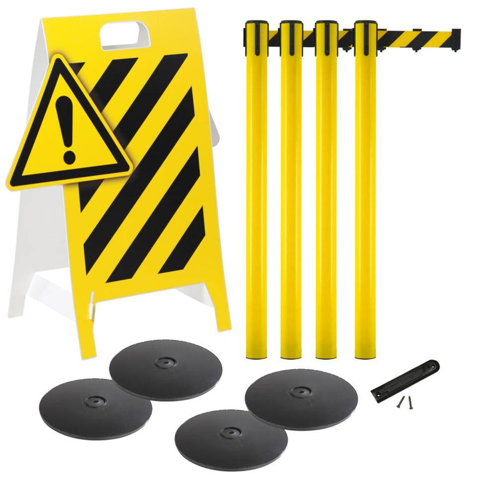 Vorteils-Set Absperrbereich, 4 Gurtpfosten, gelb/schwarz, Warnaufsteller Achtung!