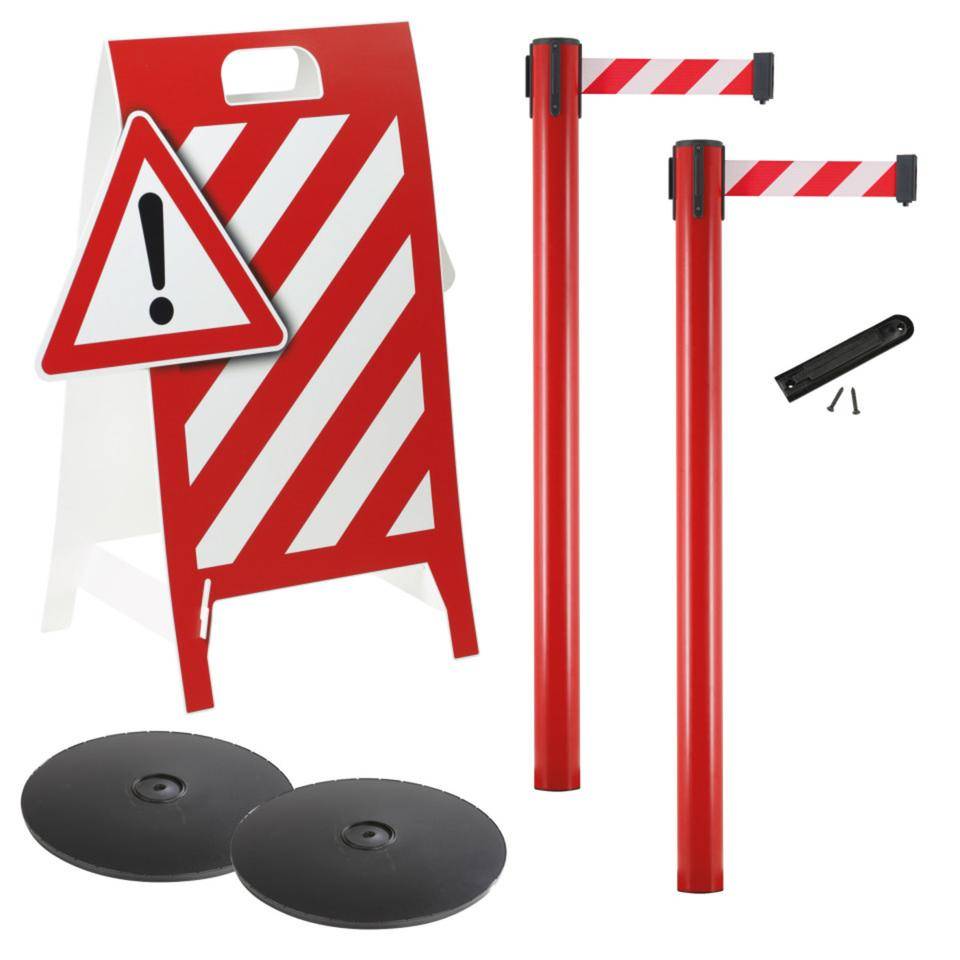 Vorteils-Set Absperrbereich, 2 Gurtpfosten, rot, Aufsteller ACHTUNG!, Zubehör