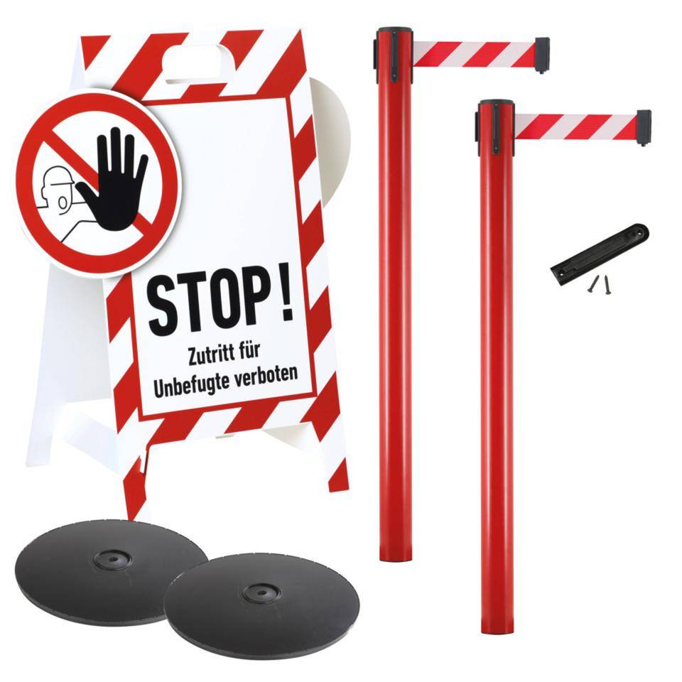 Vorteils-Set Absperrbereich, 2 Gurtpfosten, rot, Aufsteller Unbefugten verboten, Zubehör
