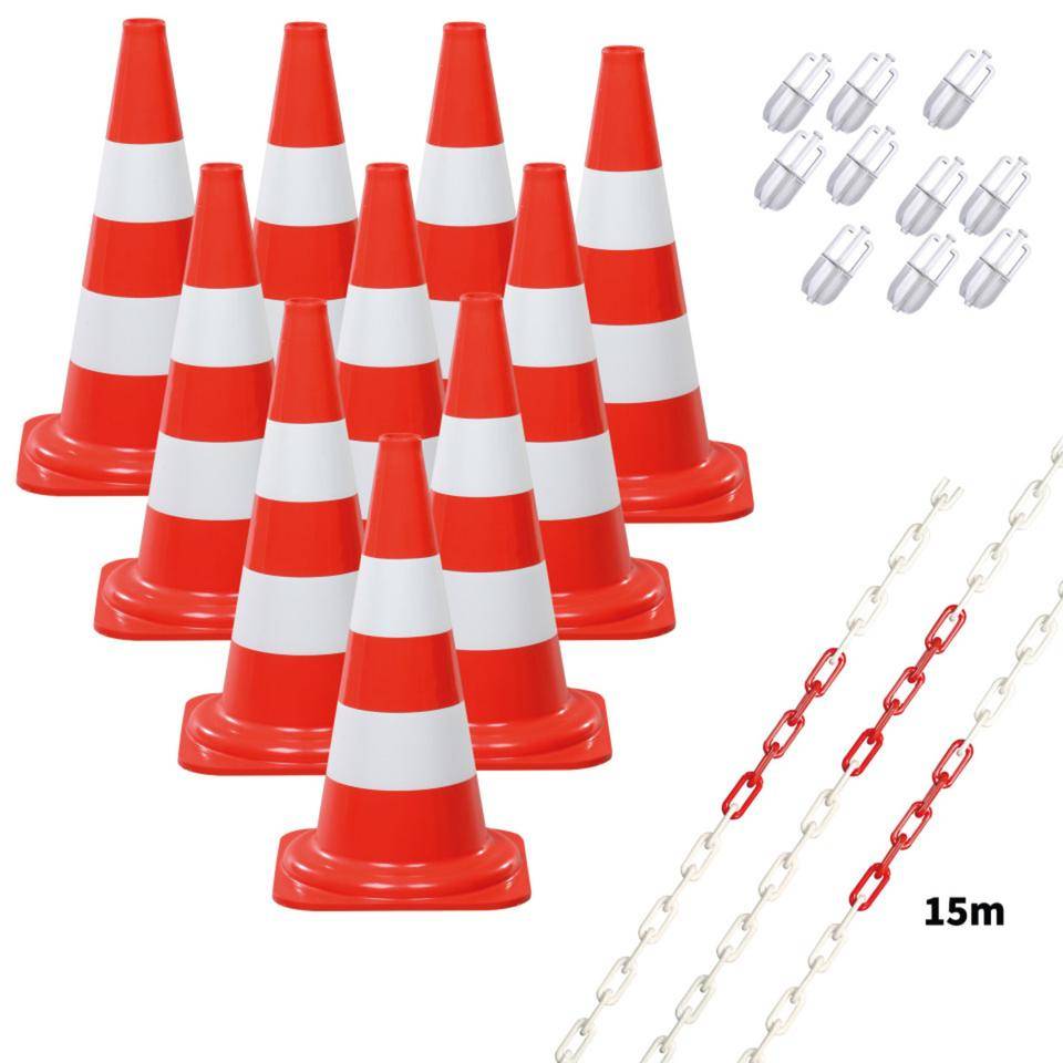 Leitkegel-Absperrset Medium, 10 Kegel, 10 Haken, 15m Kunststoffkette, rot/weiß
