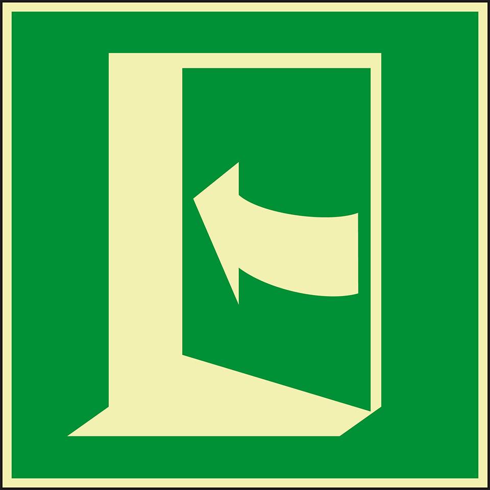 PERMALIGHT® power langnachleuchtend Rettungszeichen Tür öffnet durch Drücken links, Folie, 100x100mm, ASR A1.3, ISO 7010