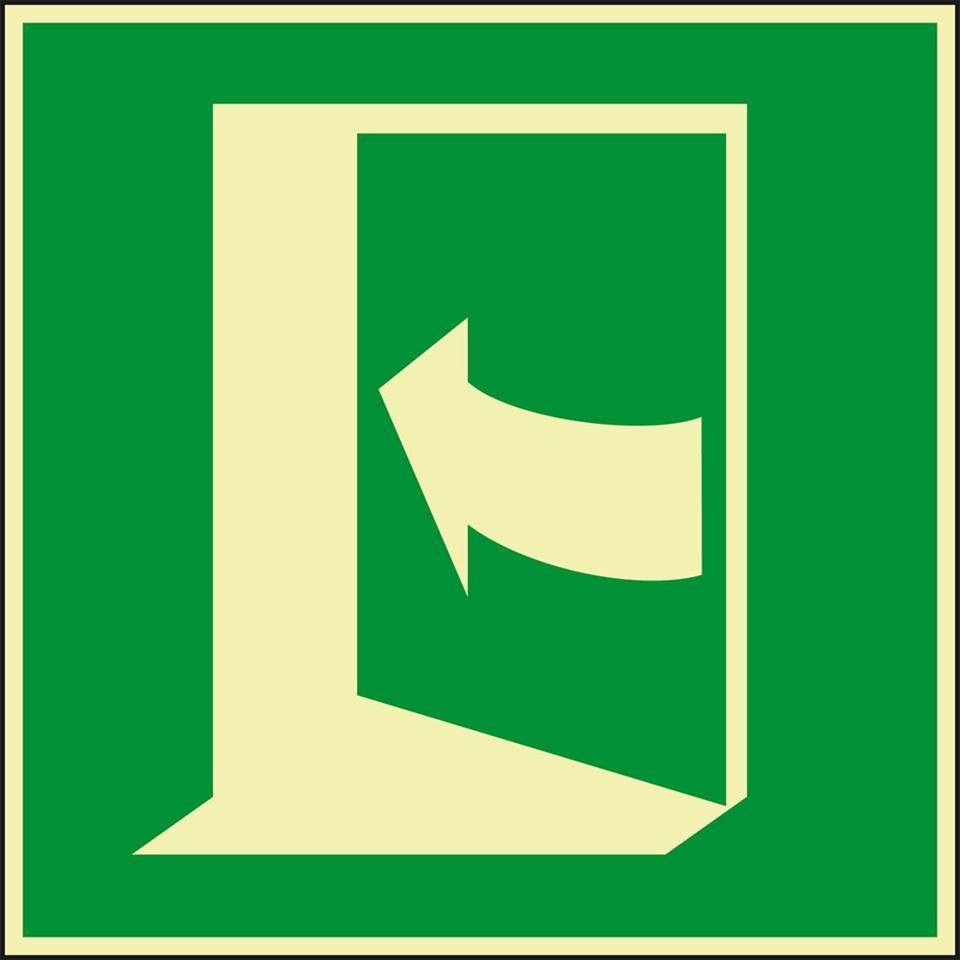 PERMALIGHT® power langnachleuchtend Rettungszeichen Tür öffnet durch Drücken links, Folie, 100x100mm, ASR A1.3, ISO 7010