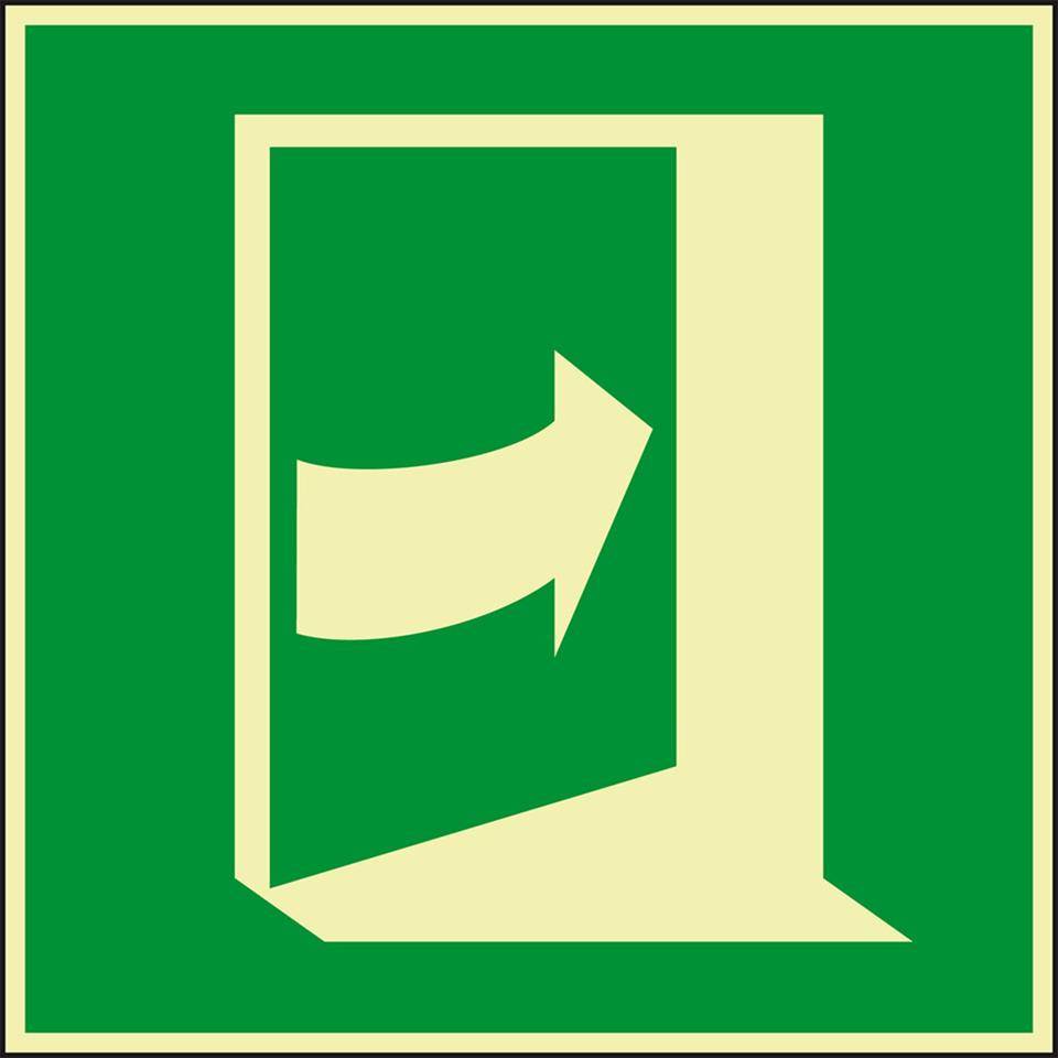 PERMALIGHT® power langnachleuchtend Rettungszeichen Tür öffnet durch Drücken rechts, Folie, 100x100mm, ASR A1.3, ISO 7010