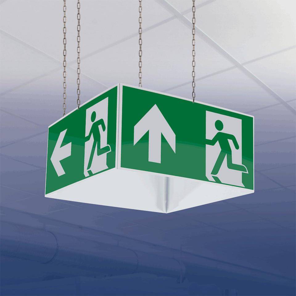 Notausgangswürfel, Notausgang geradeaus/rechts/links/blanko, Kunststoff, ASR A1.3, DIN EN ISO 7010