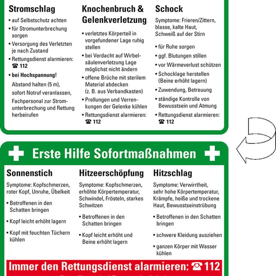 Anweisungen Erste Hilfe Sofortmaßnahmen kompakt, Kunststoff, 106x74mm, 5/VE