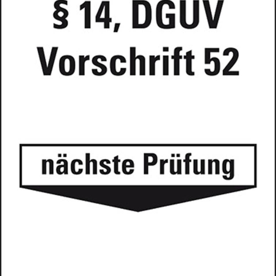 Grundetikett Prüfsachverst.BetrSichV §14, DGUV Vorschr.52, Nächste Prüfung, Folie, 40x100mm, 5/Bogen, DGUV