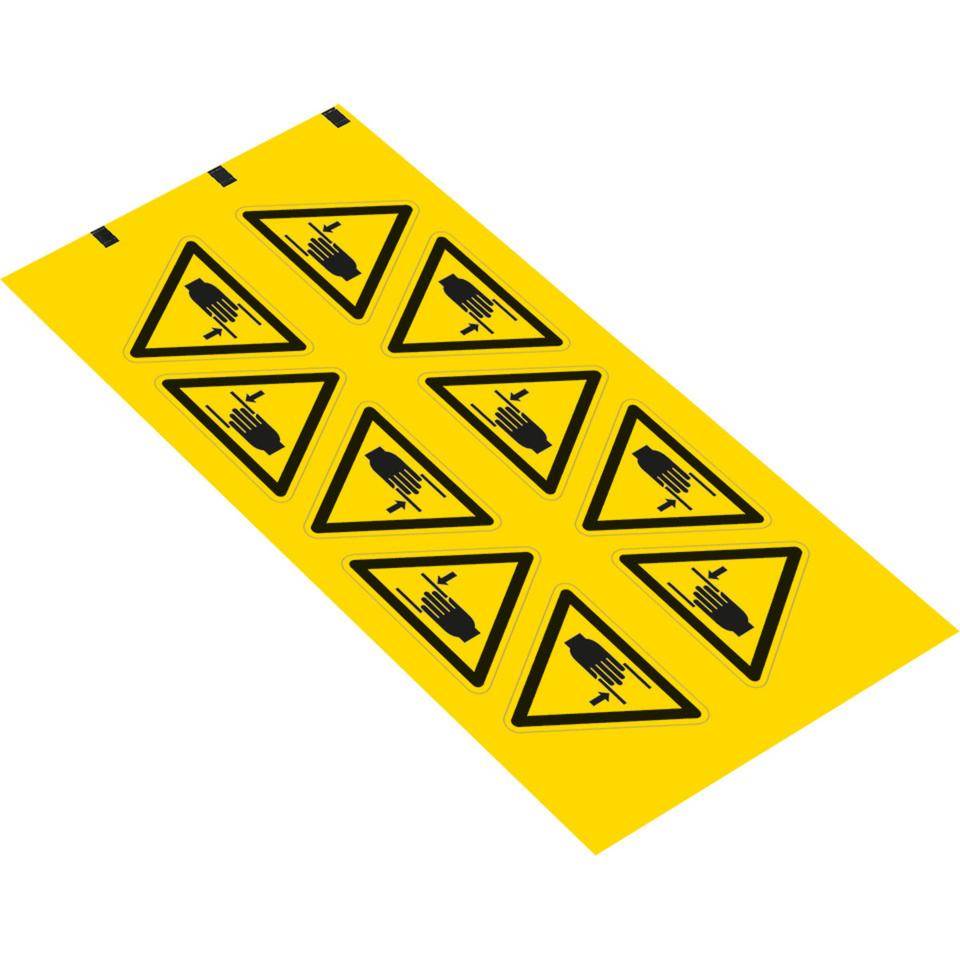 Warnschild Warnung von Handverletzungen, RoHS konform, Folie, SL50mm, 10/Bogen, ASR A1.3, DIN EN ISO 7010 W024