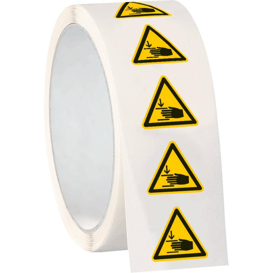 Warnschild Warnung von Handverletzungen, RoHS konform, Folie, SL12,5mm, 500/Rolle, ASR A1.3, DIN EN ISO 7010 W024