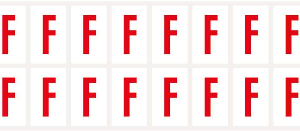 Buchstabe F, weiß/rot, Folie, Schrifthöhe 25mm, 22x36mm, 320 Stück/VE