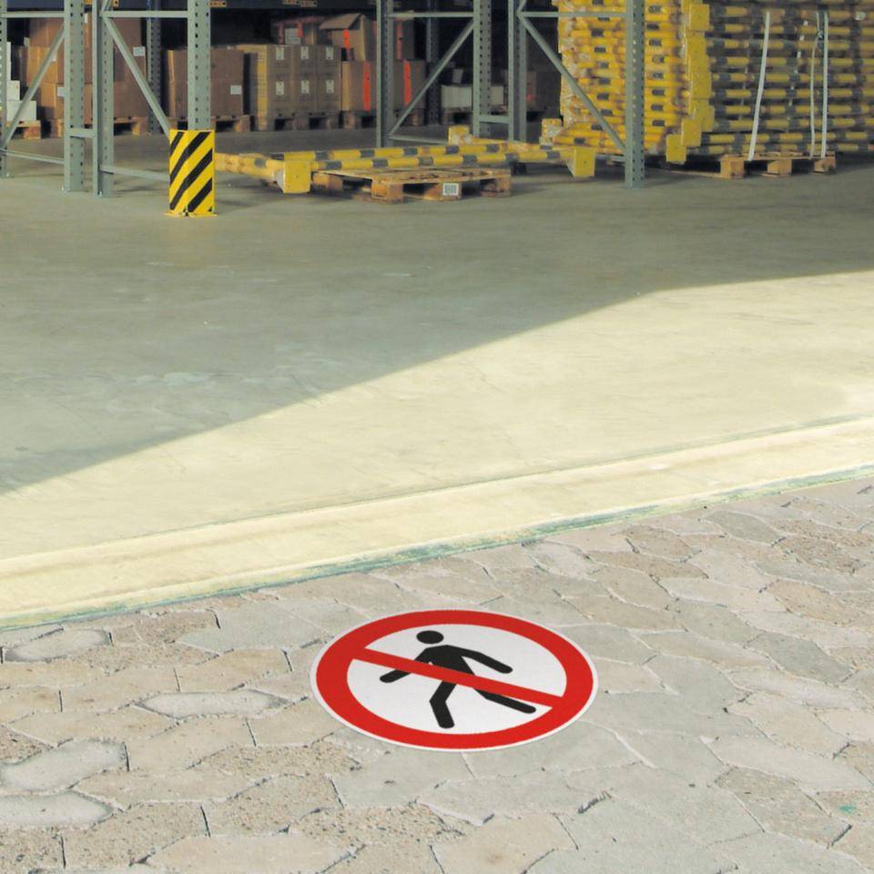 Bodenzeichen Für Fußgänger verboten, Bodenmarkierungsfolie, Ø 600mm, ASR A1.3, DIN EN ISO 7010/P004, Rutschhemmung R10