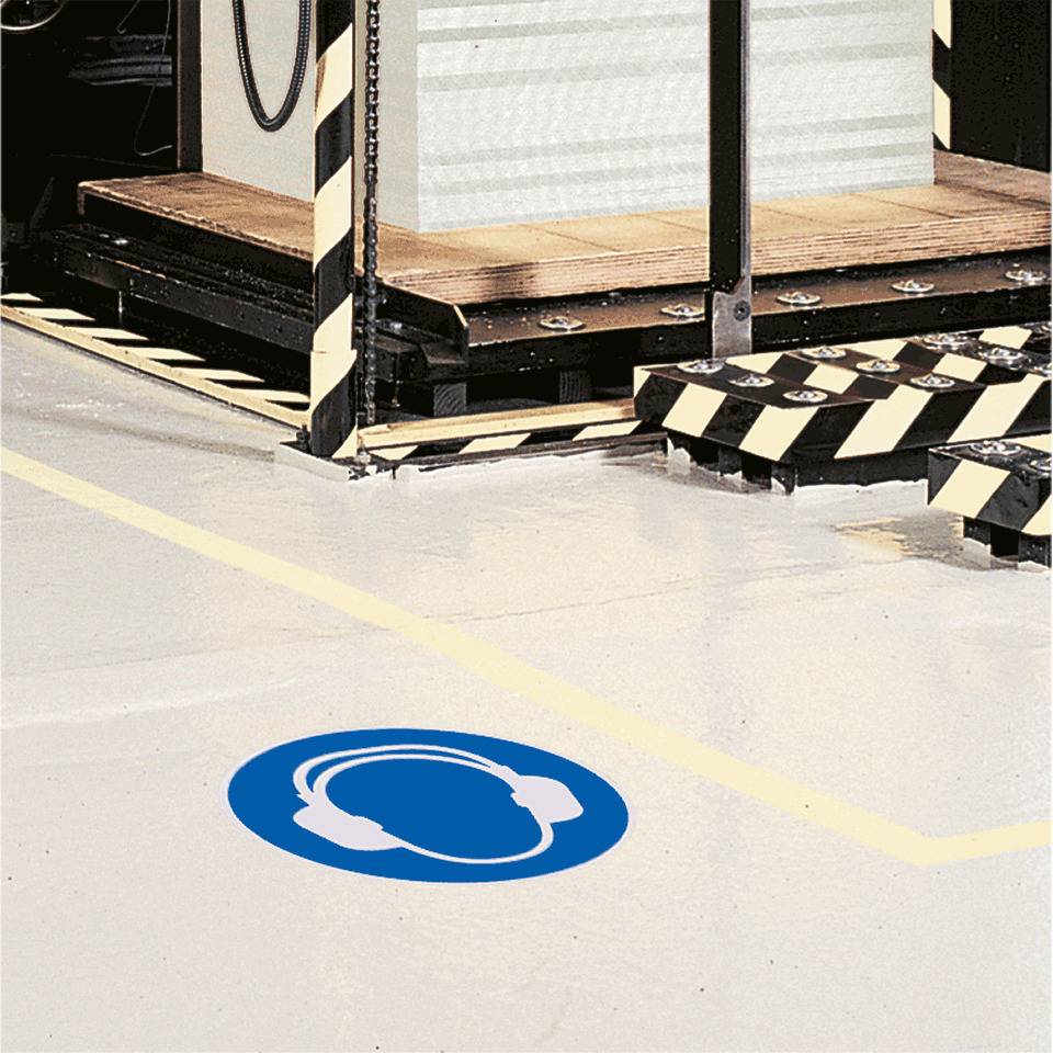 Bodenzeichen Gehörschutz benutzen, Bodenmarkierungsfolie, Ø 200mm, ASR A1.3, DIN EN ISO 7010/M003, Rutschhemmung R10