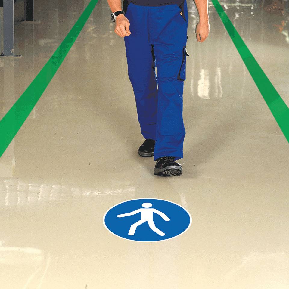 Bodenzeichen Fußgänger, Bodenmarkierungsfolie, Ø 600mm, ASR A1.3, DIN EN ISO 7010/M024, Rutschhemmung R10