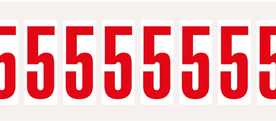 Ziffer 5, weiß/rot, Folie, Schrifthöhe 50mm, 22x57mm, 160 Stück/VE