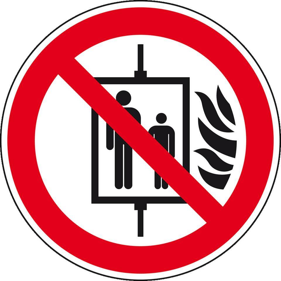 Verbotsschild Aufzug im Brandfall nicht benutzen, Folie, Ø 100 mm, ASR A1.3, DIN EN ISO 7010 P020