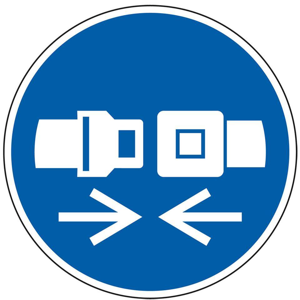 Gebotsschild Rückhaltesystem benutzen, Folie, selbstklebend, Ø50mm, 10/Bogen, ASR A1.3, DIN EN ISO 7010 M020