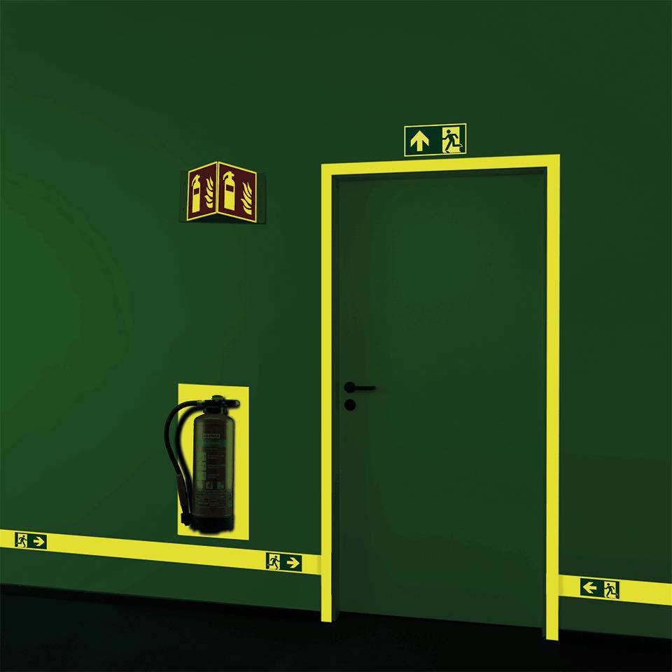 PERMALIGHT® power langnachleuchtend Klebeband,mit Pikto Rettungsweg rechts,Folie,50mm,25m/Rolle,ASR A1.3 ISO 7010 E002