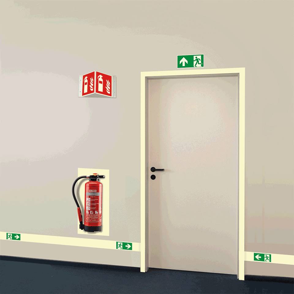 PERMALIGHT® power langnachleuchtend Klebeband,mit Pikto Rettungsweg rechts,Folie,50mm,25m/Rolle,ASR A1.3 ISO 7010 E002