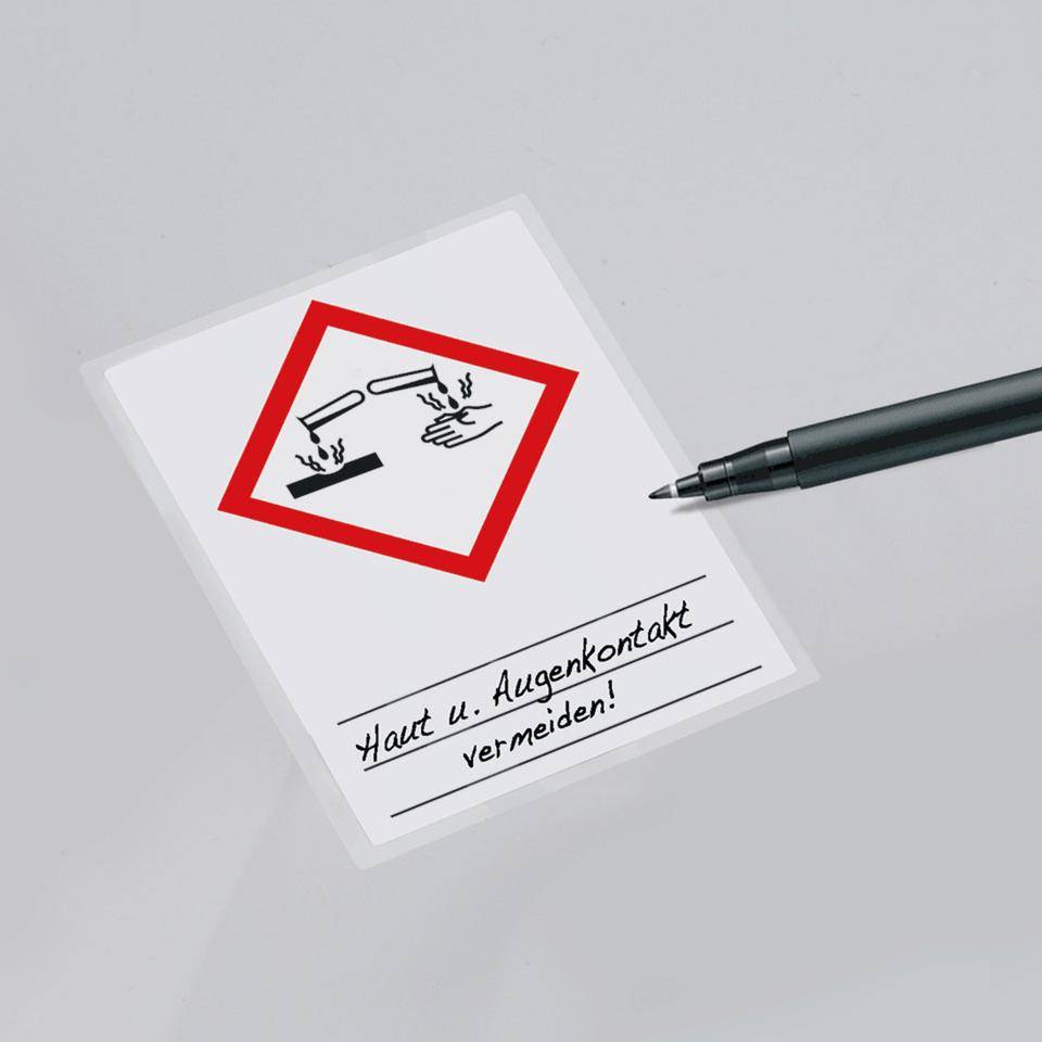Gefahrensymbol Ätzwirkung GHS 05, Beschriften u.Laminieren, Folie, 37x52mm, 4/Bogen