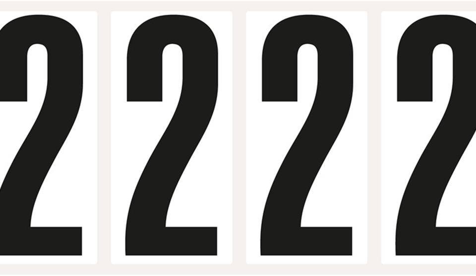 Ziffer 2, weiß/schwarz, Folie, Schrifthöhe 95mm, 47x98mm, 80 Stück/VE