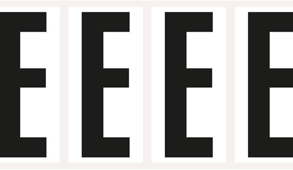 Buchstabe E, weiß/schwarz, Folie, Schrifthöhe 95mm, 47x98mm, 80 Stück/VE