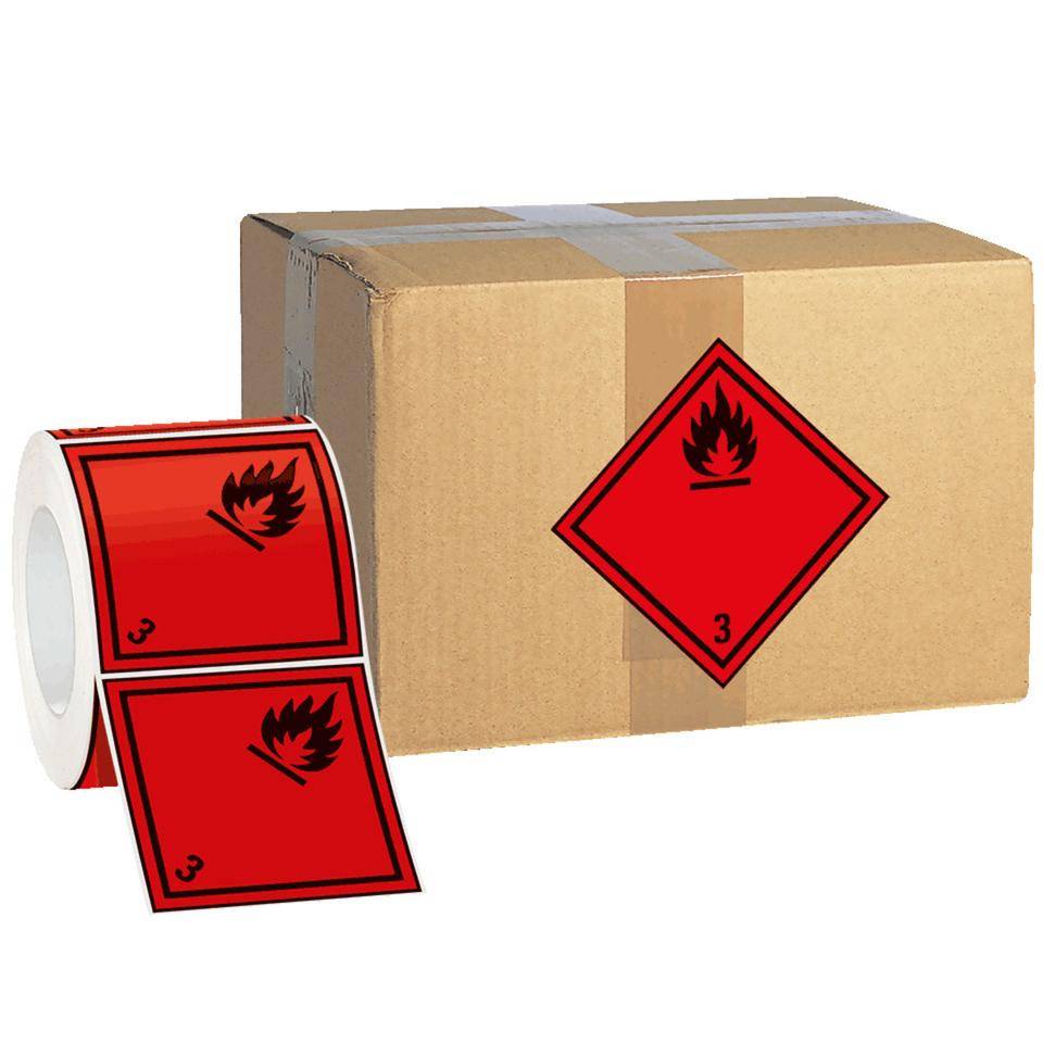 Verpackungskennzeichen Kl.2.1 Entzündb.Gase, Folie, seewasserbeständig100x100mm, 500/Rolle, IMDG-Code, GGVSEB, ADR, IATA